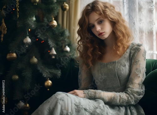 Frustrated depressive sad sick beautiful woman in blue vintage dress is sitting on the sofa in christmas crying. New year's eve, dark background Holidays alone at home. Christmas tree, decoration