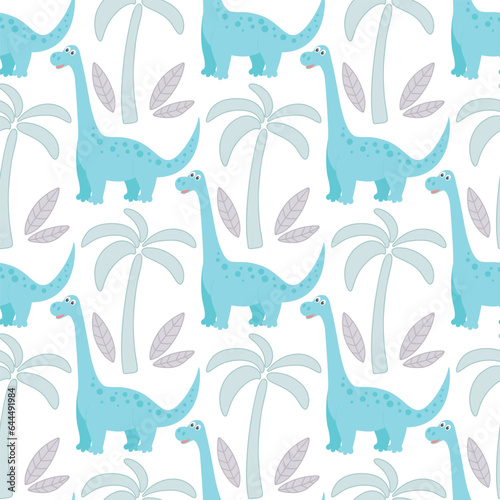 Funny dinosaurs and palm trees seamless pattern. Baby background with cute dino. Character and foliage print for kid textile  wallpaper  paper  packaging and design  vector illustration