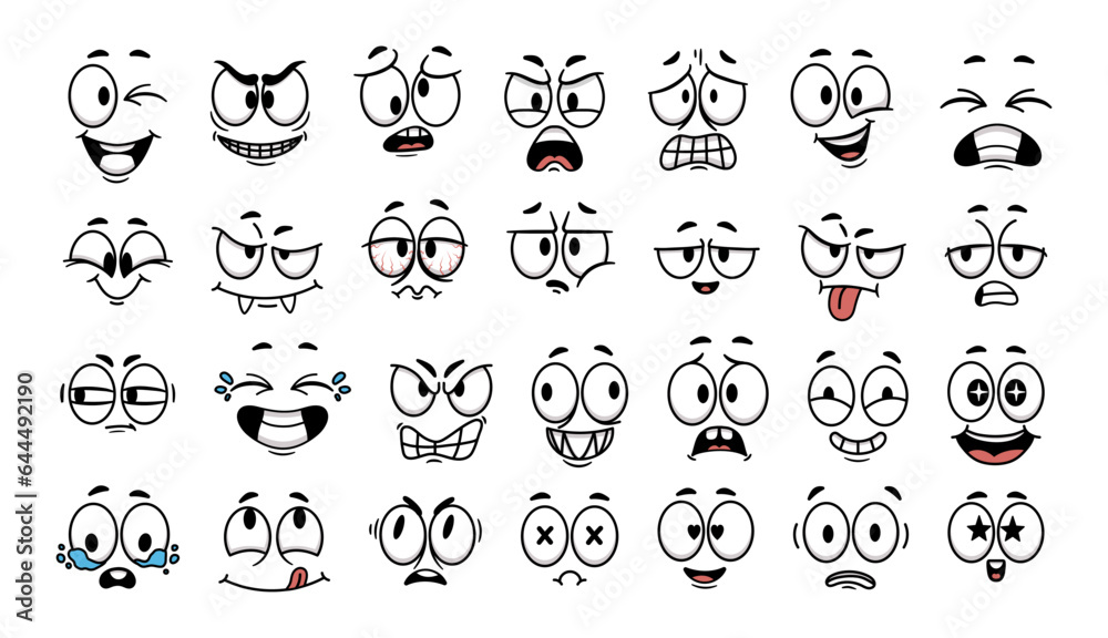 Cartoon face expression. Emotional comic face with eyes, mouths, tongue and teeth. Concept caricature feeling. Happy, sad and angry characters emotions. Vector set Cartoon face expression. Emotional comic face with eyes, mouths, tongue and teeth. Concept caricature feeling. Happy, sad and angry characters emotions. Vector set
