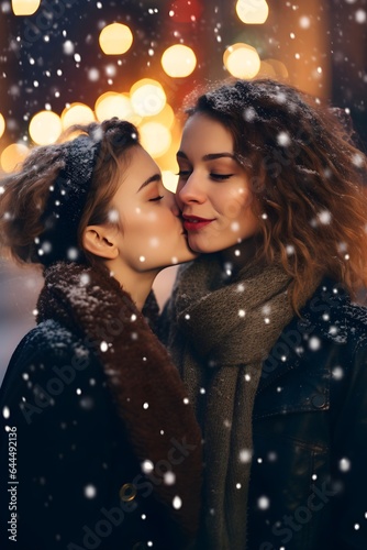 Close view of  happy young multiracial lesbian couple celebrating Christmas hugging in Santa hats, winter, on a date, festive snowing bokeh night background, love is love, American © Vladislava