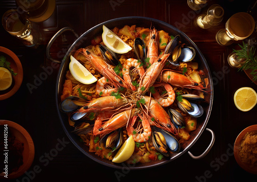 Pan with tasty shrimps,prawns,mussels in seafood paella on table.Top view.Macro.AI Generative.
