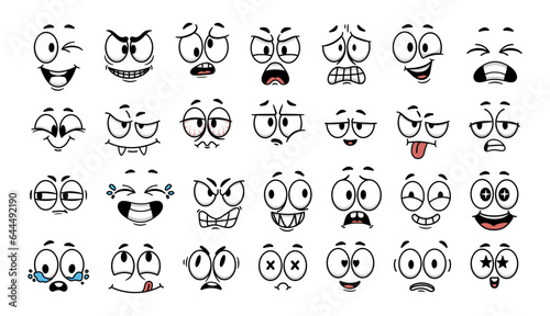 Cartoon face expression. Emotional comic face with eyes, mouths, tongue and teeth. Concept caricature feeling. Happy, sad and angry characters emotions. Vector set