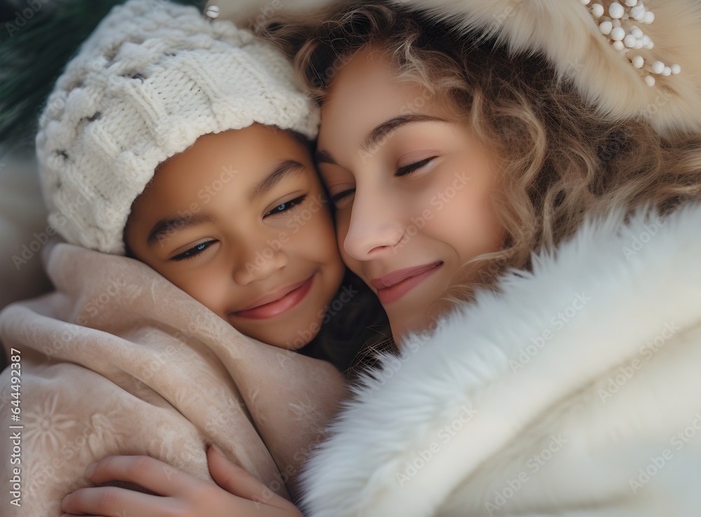 European mother and African daughter at Christmas. Close-up portrait of cute little girl hugging her happy mom at home in xmas time, new year celebration, white, multinational family photoshoot