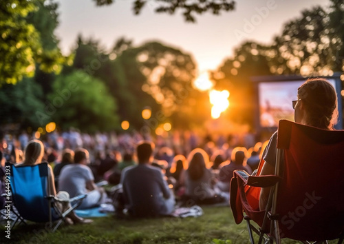 People in summer park watching movies in open air cinema.AI Generative