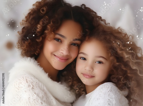 Two sisters at Christmas. Close-up portrait of cute little girls hugging happy while sitting at home in xmas time, new year celebration, white colors, family photoshoot, multinational