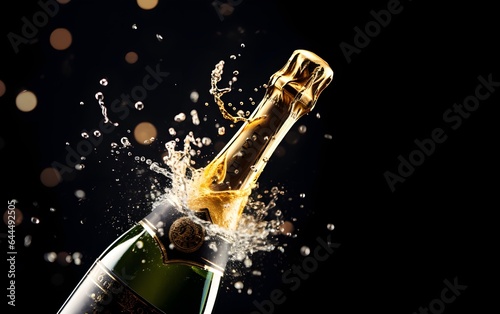 Champagne for festive cheers with gold sparkling bokeh background. Bottle of sparkling wine in front of tender bright black view. Horizontal background for celebrations and invitation cards space