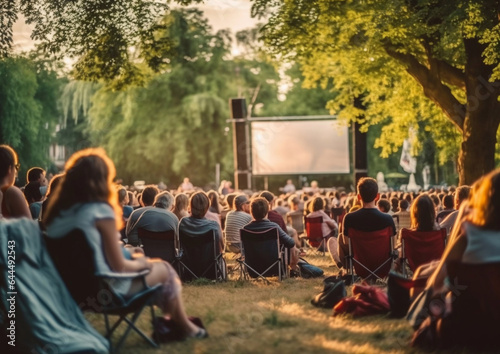 Fototapeta Naklejka Na Ścianę i Meble -  Open air cinema with people having good time in green summer park.AI Generative