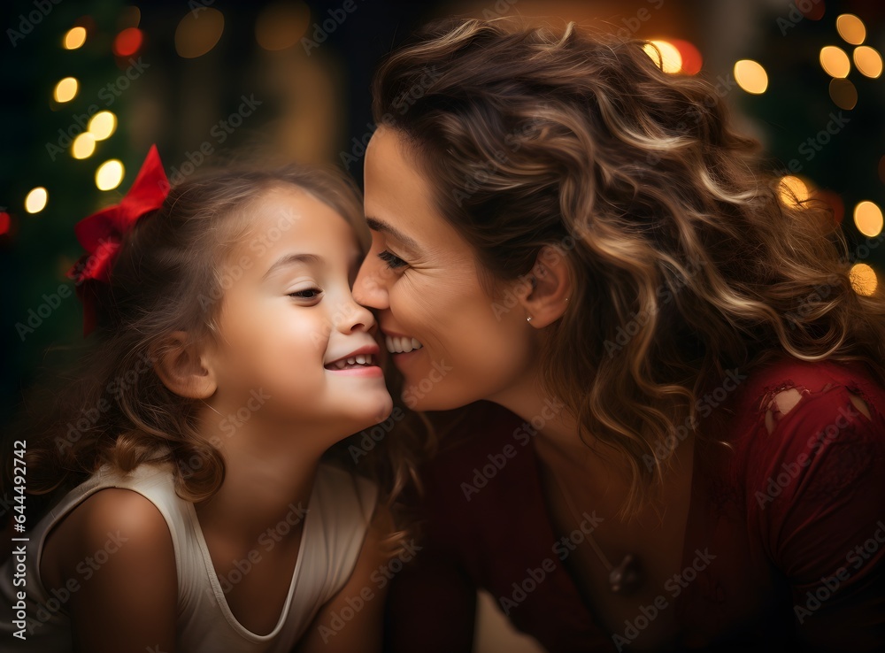 Mother and daughter at Christmas. Close-up portrait of cute little girl kissing her happy mom while sitting at home in xmas time, new year celebration, white colors Mother and daughter at Christmas. Close-up portrait of cute little girl kissing her happy mom while sitting at home in xmas time, new year celebration, white colors