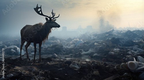 The concept of environmental protection. The problem of environmental pollution. Animals in a landfill. The harm of plastic. Deer on mountains of garbage. © Roxy jr.