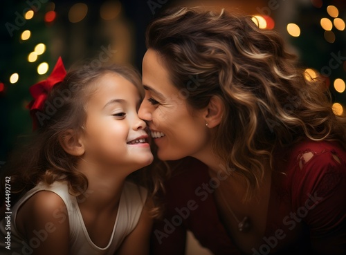 Mother and daughter at Christmas. Close-up portrait of cute little girl kissing her happy mom while sitting at home in xmas time, new year celebration, white colors