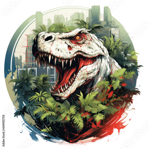 A captivating Dinosaur t-shirt design showcasing a futuristic cityscape where towering skyscrapers are integrated with lush vertical gardens, Generative Ai photo