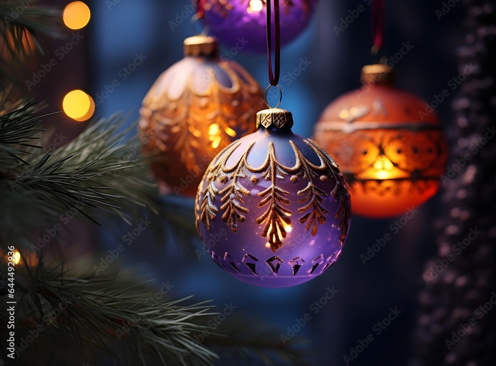 Close up view of beautiful fir branches with shiny violet and yellow bauble or ball, xmas ornaments and lights, Christmas holidays background. copy space. Decoration on christmas tree. new 2023 year Close up view of beautiful fir branches with shiny violet and yellow bauble or ball, xmas ornaments and lights, Christmas holidays background. copy space. Decoration on christmas tree. new 2023 year