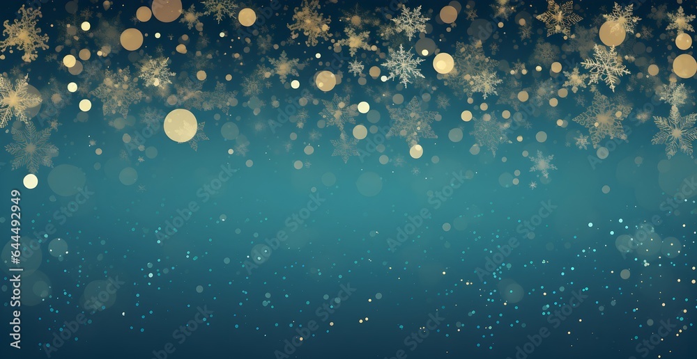 Christmas glowing Golden and blue night Background. Christmas lights. Gold Holiday New year Abstract Glitter Defocused. With Blinking stars, snowflakes and sparks. Blurred Bokeh banner, celebration