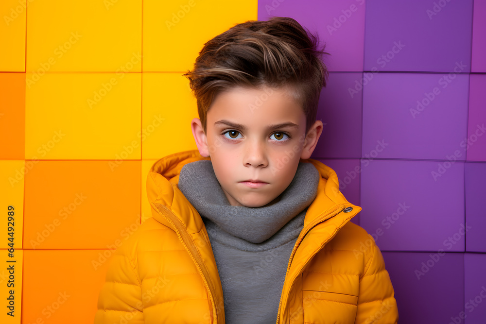 Studio portrait of a little boy being envious or jealous, isolated on colorful background. Kids emotions or moods concept. Generative AI Studio portrait of a little boy being envious or jealous, isolated on colorful background. Kids emotions or moods concept. Generative AI
