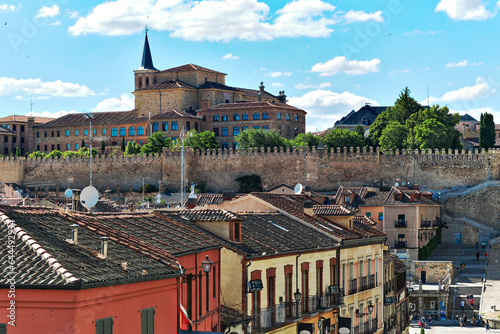 Ancient architecture on blue sky background of Spanish Segovia