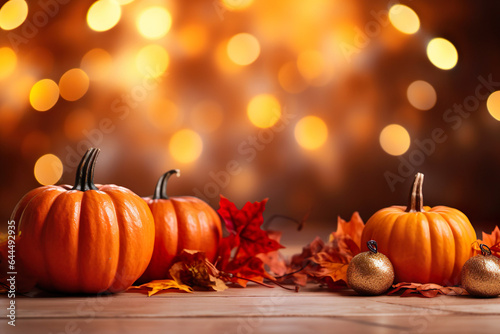 pumpkins with fall leaves on wooden ground, natural light, bokeh background, fall background with space for text