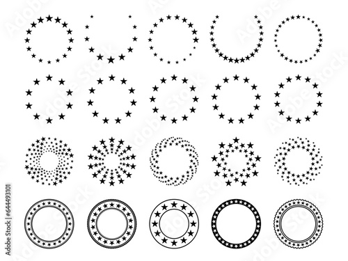 Star circles. Round seal stamp border with stars, vintage circular five pointed star badge, premium quality and warranty emblem. Isolated vector set