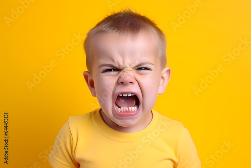 Studio portrait of a little boy being yelling in anger, isolated on colorful background. Kids emotions or moods concept. Generative AI