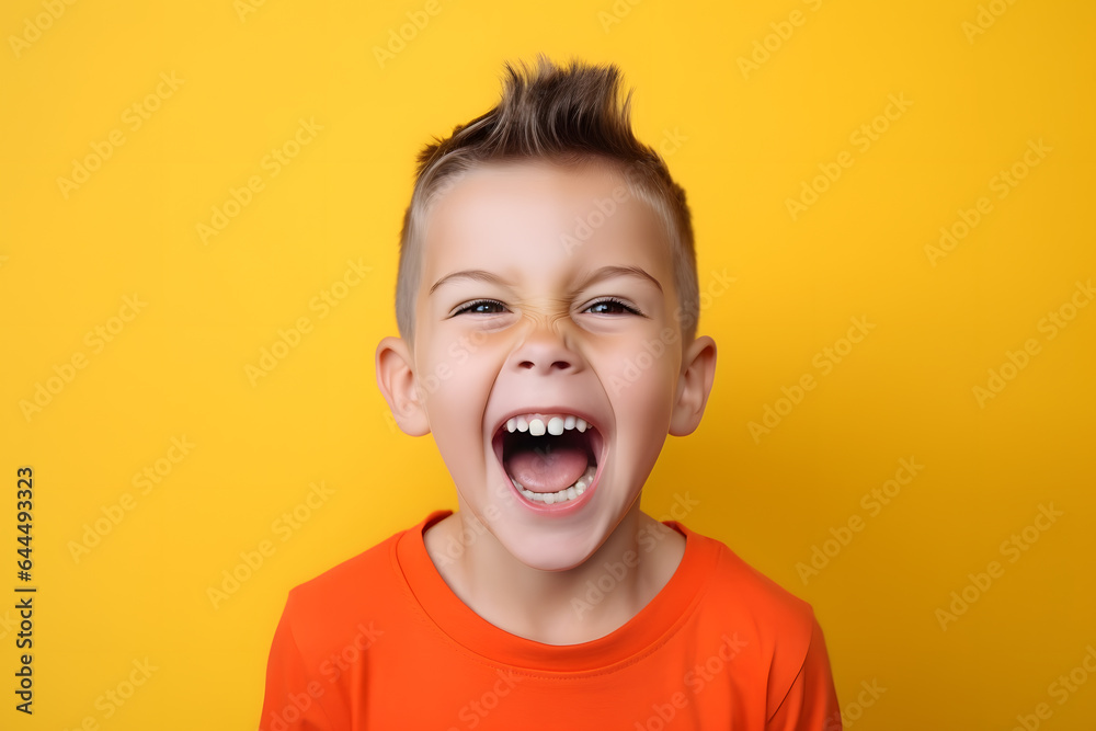 Studio portrait of a little boy being happy and excited, isolated on colorful background. Kids emotions or moods concept. Generative AI Studio portrait of a little boy being happy and excited, isolated on colorful background. Kids emotions or moods concept. Generative AI
