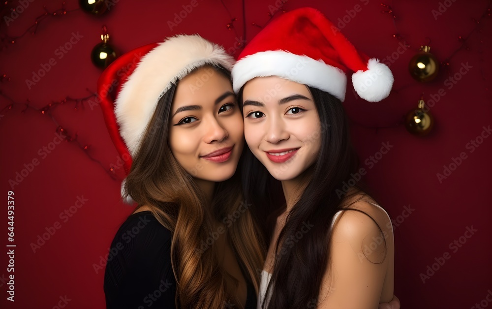 Close view of happy young multiracial lesbian couple celebrating Christmas hugging in Santa hats, winter, on a date, festive bright modern red, pastel pink background, love is love, African American Close view of happy young multiracial lesbian couple celebrating Christmas hugging in Santa hats, winter, on a date, festive bright modern red, pastel pink background, love is love, African American