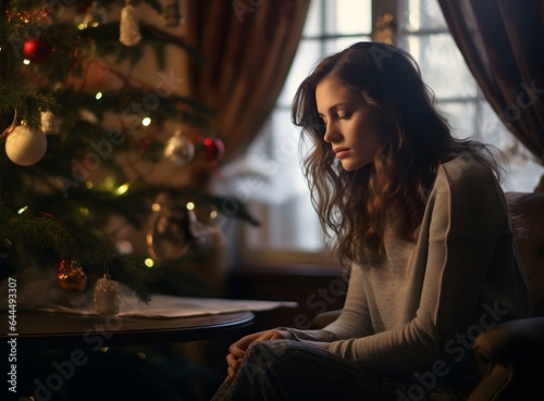 Frustrated depressive sad sick beautiful woman in pajamas is sitting on the sofa in christmas crying. New year's eve, dark background Holidays alone at home. Christmas tree, decoration