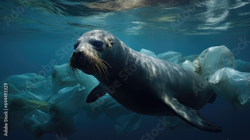 The concept of environmental protection. The problem of environmental pollution. Animals swim in the polluted ocean. The harm of plastic. A fur seal is entangled in a plastic bag. © Roxy jr.