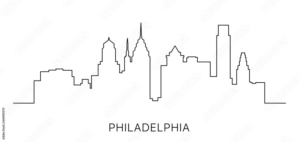 One single line drawing of Philadelphia city skyline, USA. Historical town landscape. Trendy Philly buildings panoram design with a continuous line. Vector illustration.