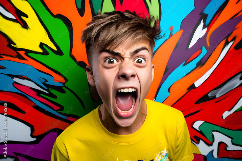 Studio portrait of a teenager boy yelling energetically, isolated on colorful background. Teenager emotions or moods concept. Generative AI