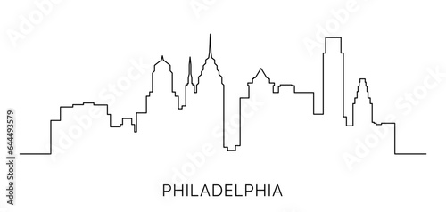 One single line drawing of Philadelphia city skyline, USA. Historical town landscape. Trendy Philly buildings panoram design with a continuous line. Vector illustration.
