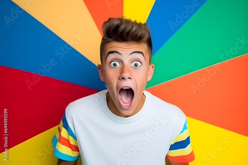 Studio portrait of a teenager boy being excited and surprised, isolated on colorful background. Teenager emotions or moods concept. Generative AI
