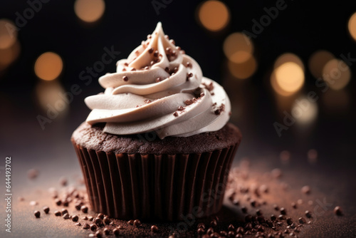 A chocolate cupcake with cottage cheese cream and chocolate chips stands