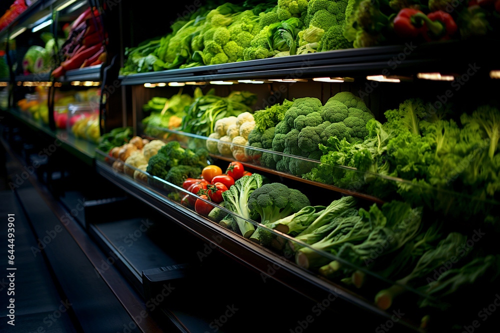 stalls with fresh vegetables and greens at the grocery store