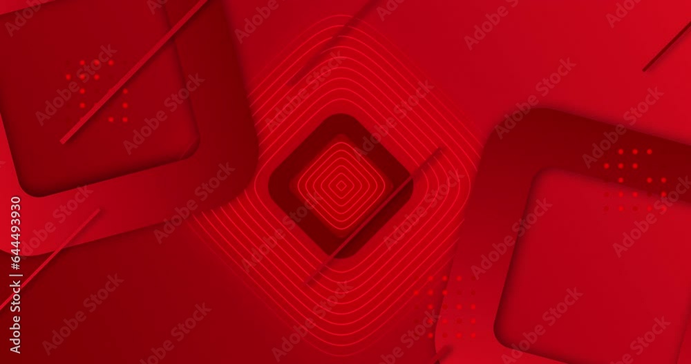 Abstract memphis geometrical shape background animation of diagonal moving lines, rotating square rings and oscillating square radio waves. Red shade gradient motion graphics background.