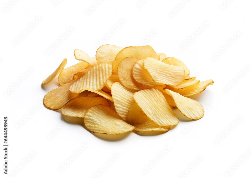 Pile of potato crisps chips with salt on white backgroud.Macro.AI Generative Pile of potato crisps chips with salt on white backgroud.Macro.AI Generative