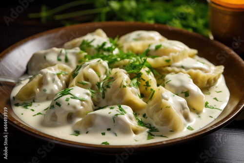 Large dumplings with sour cream and dill with herbs in a plate