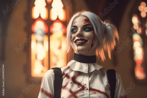 Model dressed as a goth fantasy nun wearing couture designer costume in a cathedral, halloween cosplay.