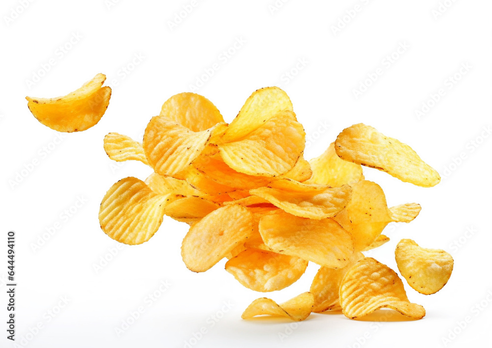 Crunchy potato chips crisps in motion on white backgroud.Macro.AI Generative Crunchy potato chips crisps in motion on white backgroud.Macro.AI Generative