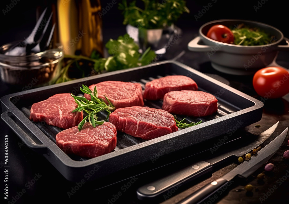 Raw beef sirloin steak fillet in tray on dark kitchen background.Macro.AI Generative Raw beef sirloin steak fillet in tray on dark kitchen background.Macro.AI Generative