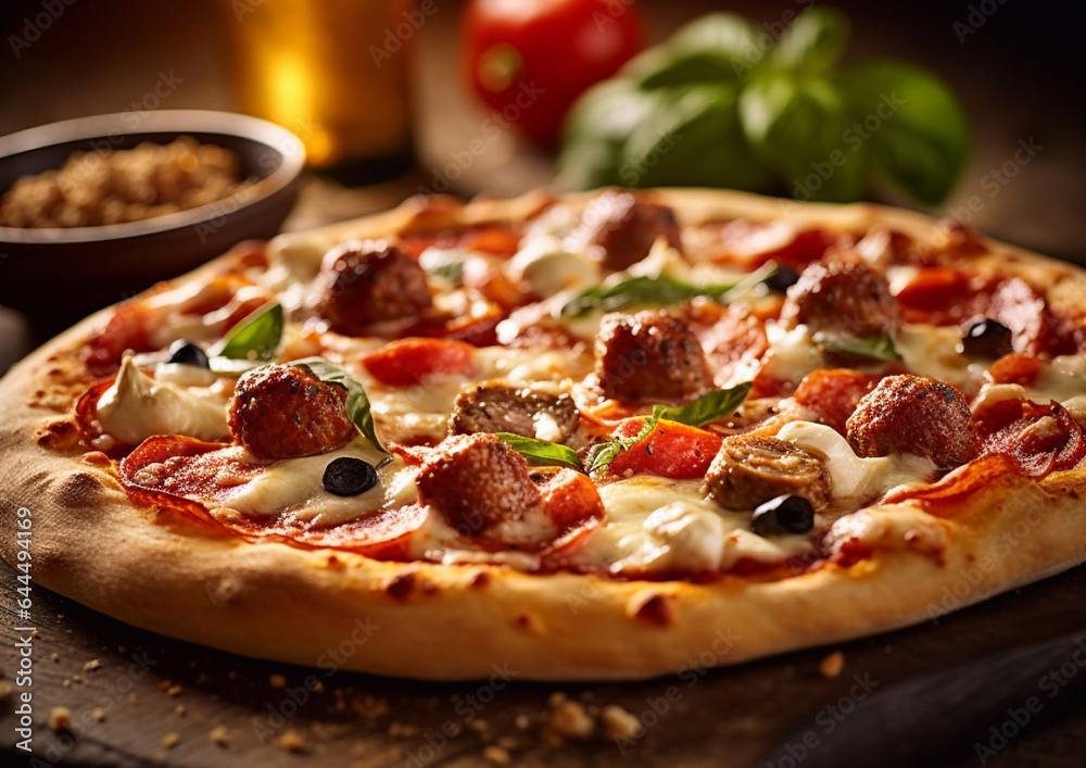 Pizza with sausage and vegetables on wooden table.Macro.AI Generative. Pizza with sausage and vegetables on wooden table.Macro.AI Generative.