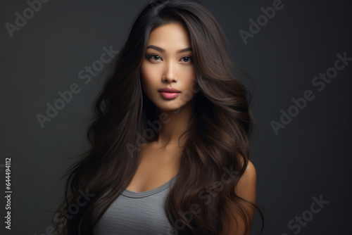 Portrait of an Asian model girl with perfect skin without makeup and long thick hair