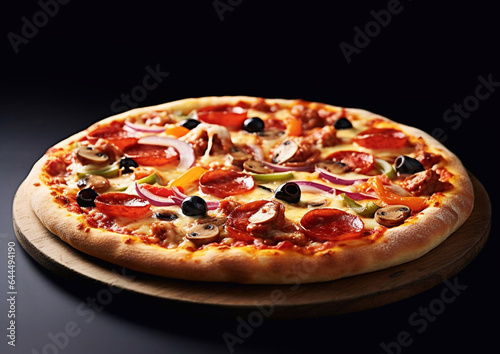 Sausage pizza with tomato sauce and cheese on black background.Macro.AI Generative.