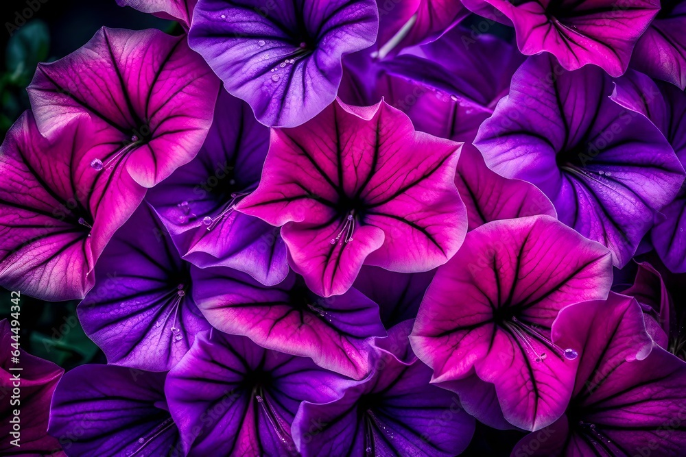 A Still Life Close Up Shot of Petunia Flowers. These blossoms, captured in their full glory, display an array of colors from deep purples to vibrant pinks - AI Generative A Still Life Close Up Shot of Petunia Flowers. These blossoms, captured in their full glory, display an array of colors from deep purples to vibrant pinks - AI Generative