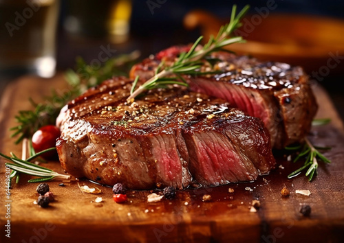 Grilled medium rib eye steak with rosemary and pepper.Macro.AI Generative