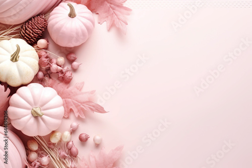 pink pastel pumpkins with fall leaves on soft colored ground with space for text, soft pink fall background