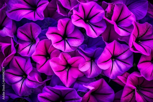 A Still Life Close Up Shot of Petunia Flowers. These blossoms, captured in their full glory, display an array of colors from deep purples to vibrant pinks - AI Generative © Being Imaginative