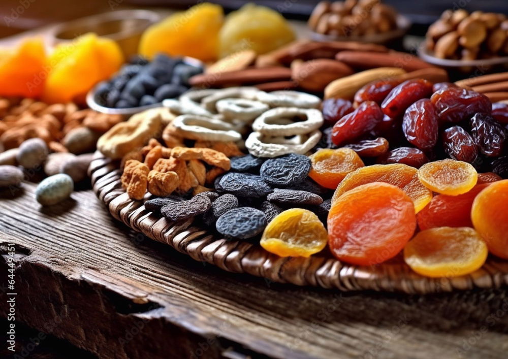 Homemade mix of sweet dried fruits on table.Macro.AI Generative