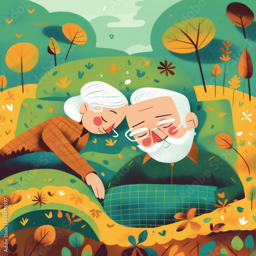 old woman man couple happiness retired asleep bed together illustration happy love. Generative AI.
