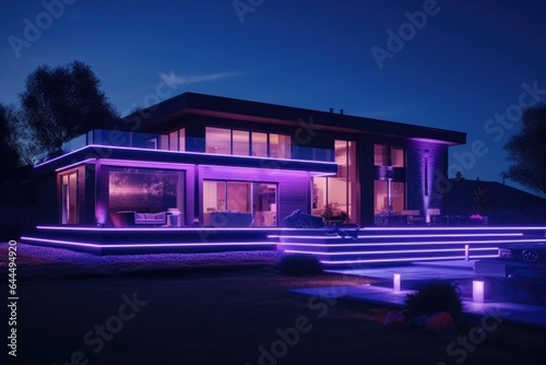 Design of a modern country house with purple neon lighting