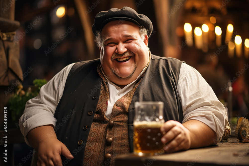 Portrait of a fat smiling man in an ivy hat holding a glass of cold beer while sitting at a bar - obrazy, fototapety, plakaty 