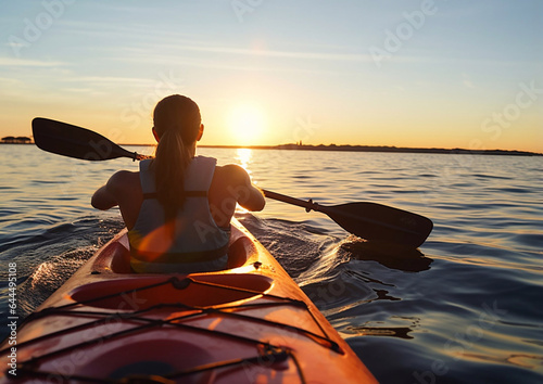 Woman enjoying sunset during kayaking sea trip.Macro.AI generative.